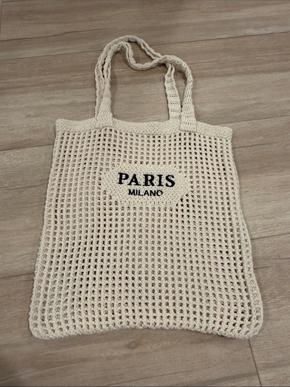 Cream Crochet Tote Bag with 'PARIS MILANO' Embroidery